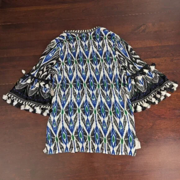 NWT Chicos 1 Womens M Ikat Fringe Tassel Open Cardigan 3/4 Bell Sleeve $129 - Picture 3 of 9